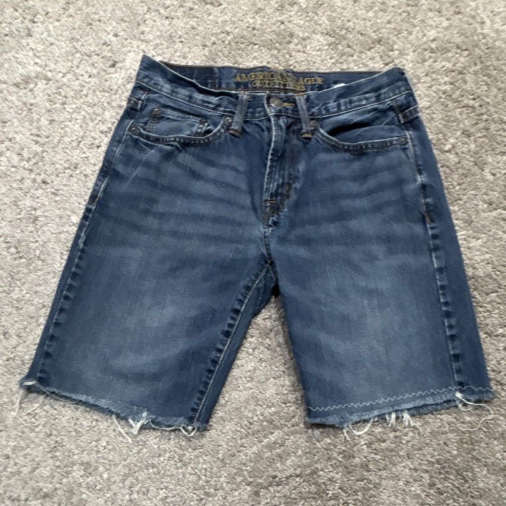 American Eagle Outfitters Men's Blue Denim Cut-Off Shorts Straight Button Pocke…